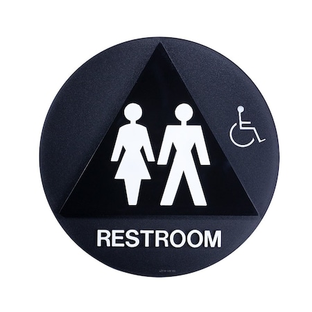 Bcf 12 x 12, All Gender Door Sign, Circular With Triangle Print, Picture, Text & Handicapped Symbol,  SBH12AG-BLACK-1